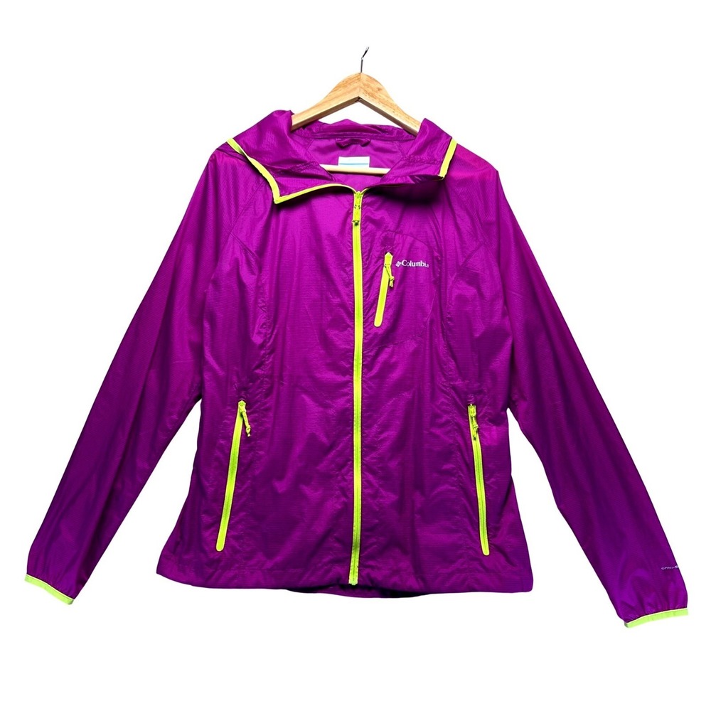 Columbia Womens Pink Windbreaker Neon Zip Up Lightweight Hooded Jacket Size LG